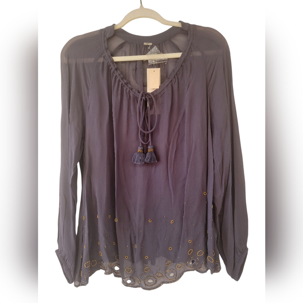 Chan Luu Sheer Beaded Boho Peasant Blouse